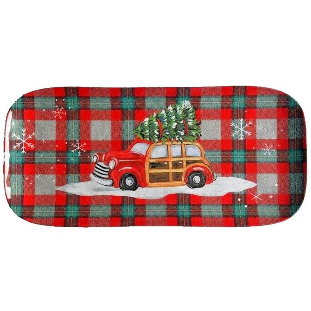 Christmas Car Station Wagon Melamine Plaid Set of 3 Serving Platter Tray 7"x15"